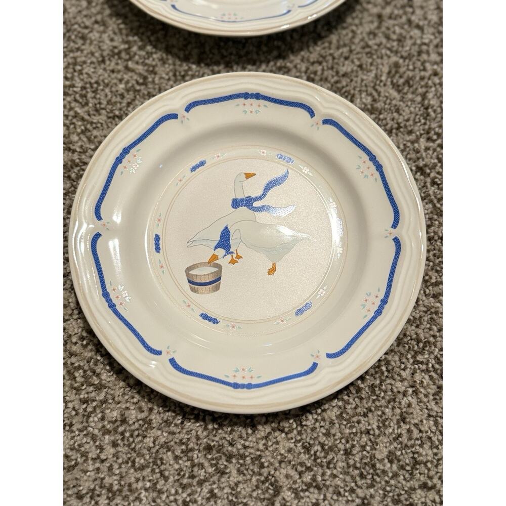 4 Newcor Stoneware 1987 Salad Dessert Plates Blue Goose Vintage Cottagecore